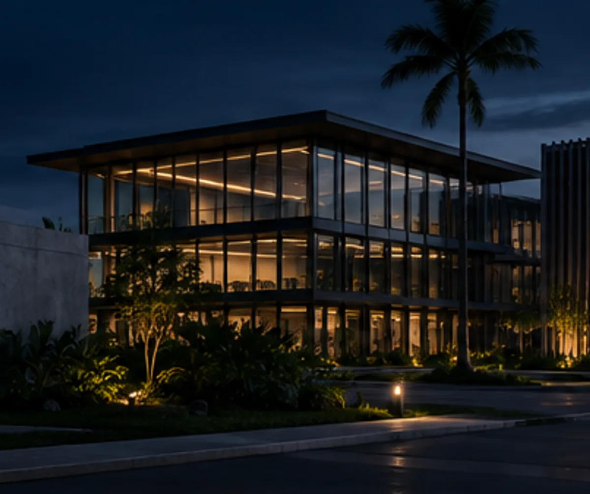 Visualización arquitectónica de un espacio comercial contemporáneo iluminado