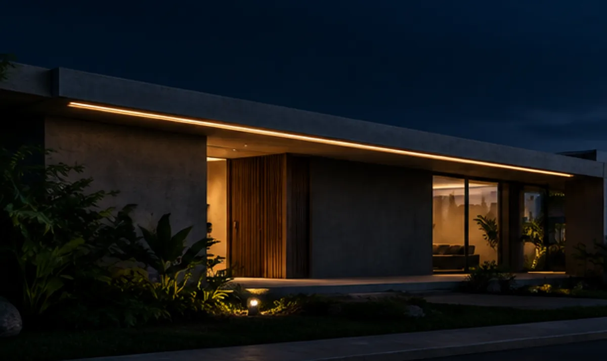 Visualización arquitectónica de una residencia moderna con iluminación cálida