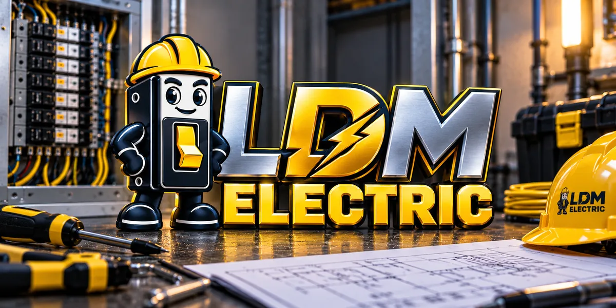 Visualización conceptual de la marca LDM Electric junto a planos, herramientas y un panel eléctrico