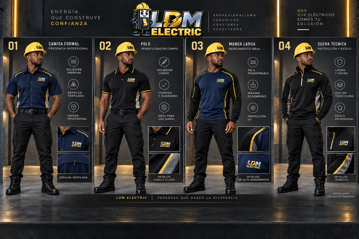 Visualización conceptual de uniformes azul marino y negro con la marca LDM Electric